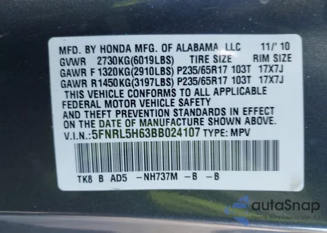 2011 Honda Odyssey Ex-L from USA, damaged, VIN 5FNRL5H63BB024107